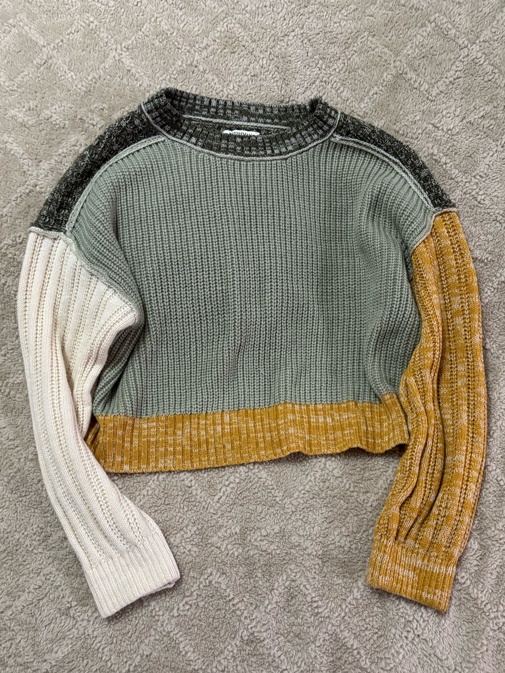 Colorblock crop Crewneck Sweater in Sage, Mustard, Ivory & Charcoal